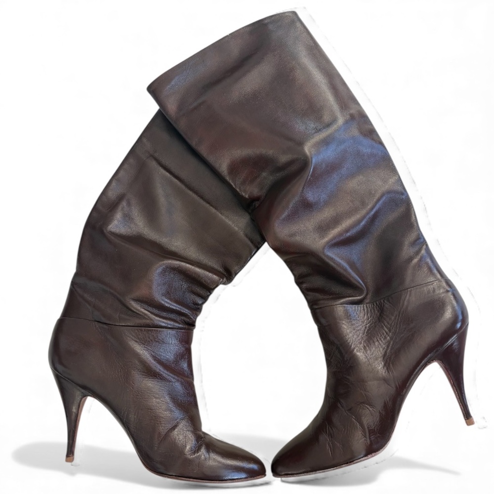 Antonio Moreno Vintage 90s Leather Slouch Boots – Size 8.5 (Brown-Burgundy)